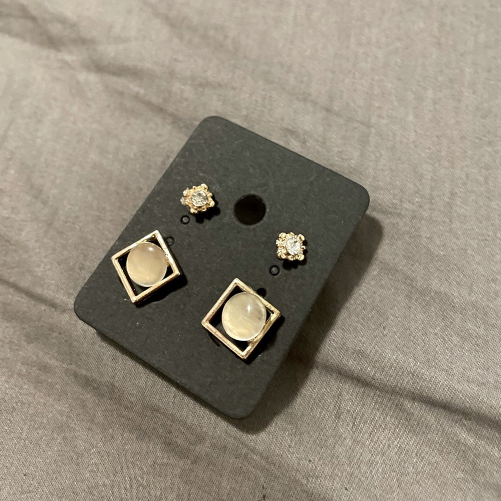 2-pair square gem studs earrings set